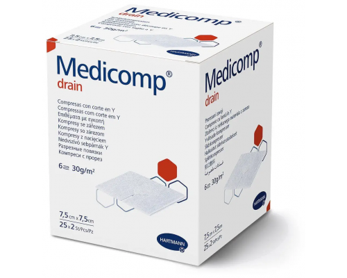 Medicomp Drain 7,5x7,5см - Мягкие, воздухопроницаемые, стерильные сорбционные салфетки (2*25 шт)